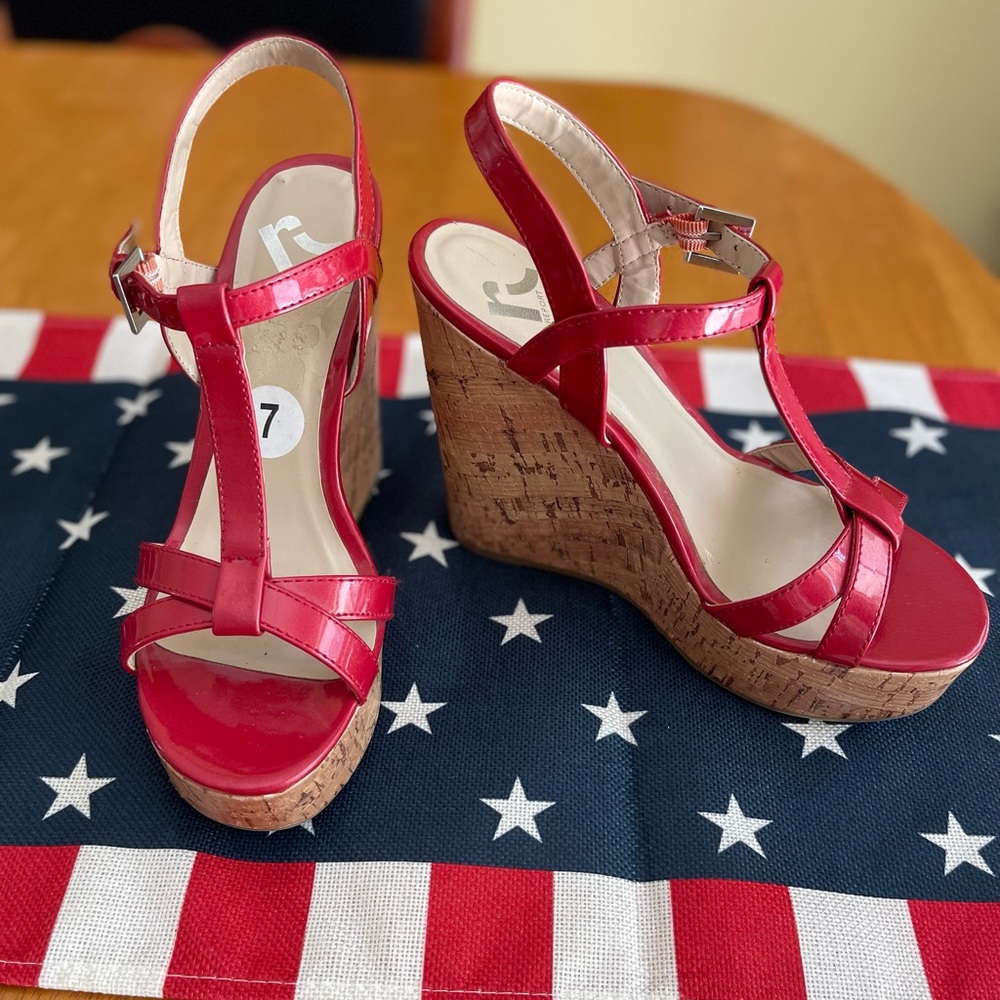 Red Cork Wedge Strappy Sandal by Report.